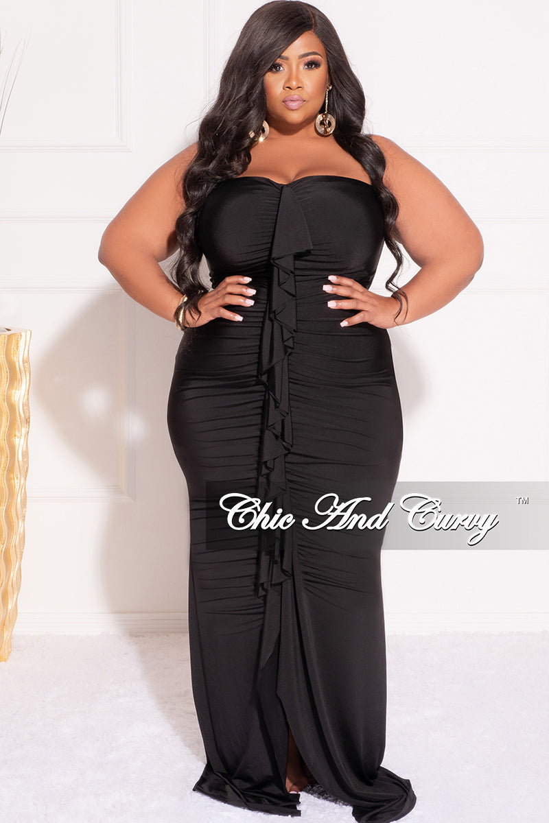Final Sale Plus Size Sleeveless Maxi Gown With Center Ruching With Ruffle in Black* - 1x 14/16 Final Sale Plus Size Sleeveless Maxi Gown With Center Ruching With Ruffle in Black* - 1x 14/16