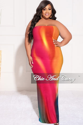 Final Sale Plus Size Strapless Tube BodyCon Dress with Back Slit in Fuchsia Multi Color Print