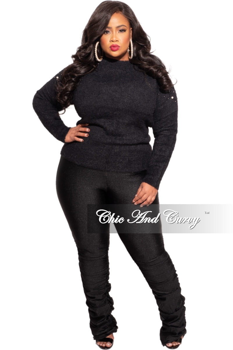 Final Sale Plus Size Black Sweater with Pearl Detailed Sleeves