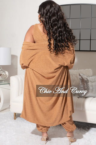 Final Sale Plus Size 3pc Fleece Cardigan, Crop Tank Top and Pants Set in Camel