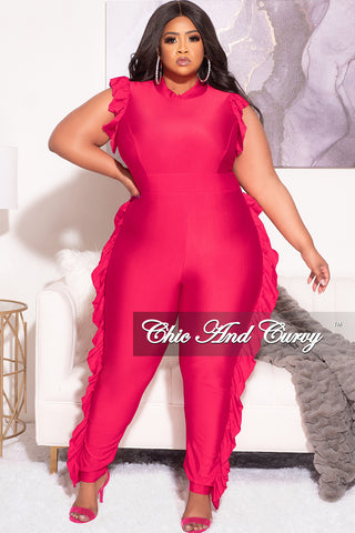 Final Sale Plus Size Jumpsuit with Ruffle Trim and Back Zipper in Fuchsia