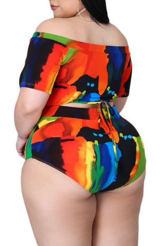 *Final Sale Plus Size 2-Pc Poolside Playsuit (Off The Shoulder Crop Top & High Waist Bottoms) in Multi-Colors