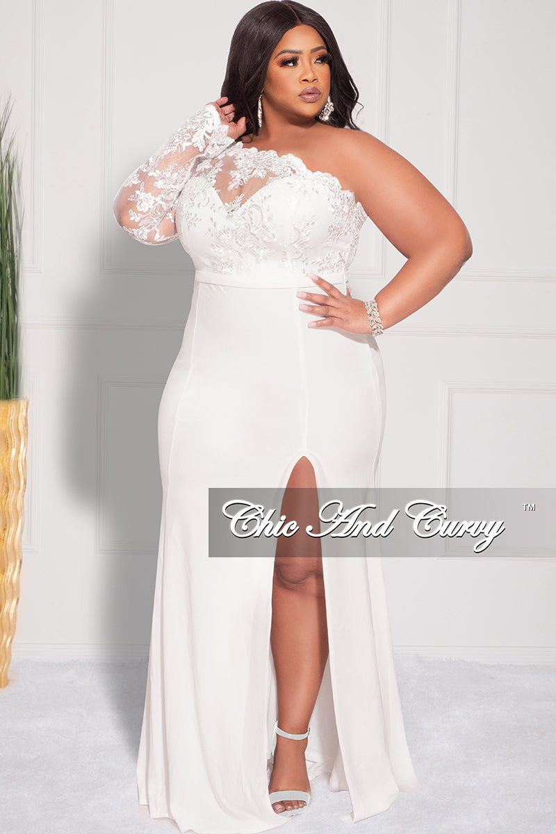 Final Sale Plus Size One Shoulder Long Sleeve Lace Detail Gown with Side Slit in Ivory