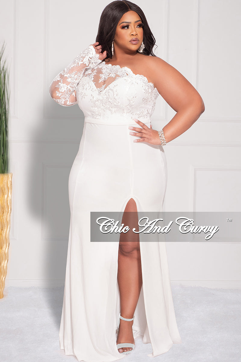 Final Sale Plus Size One Shoulder Long Sleeve Lace Detail Gown with Side Slit in Ivory - S 2/4 Final Sale Plus Size One Shoulder Long Sleeve Lace Detail Gown with Side Slit in Ivory - S 2/4