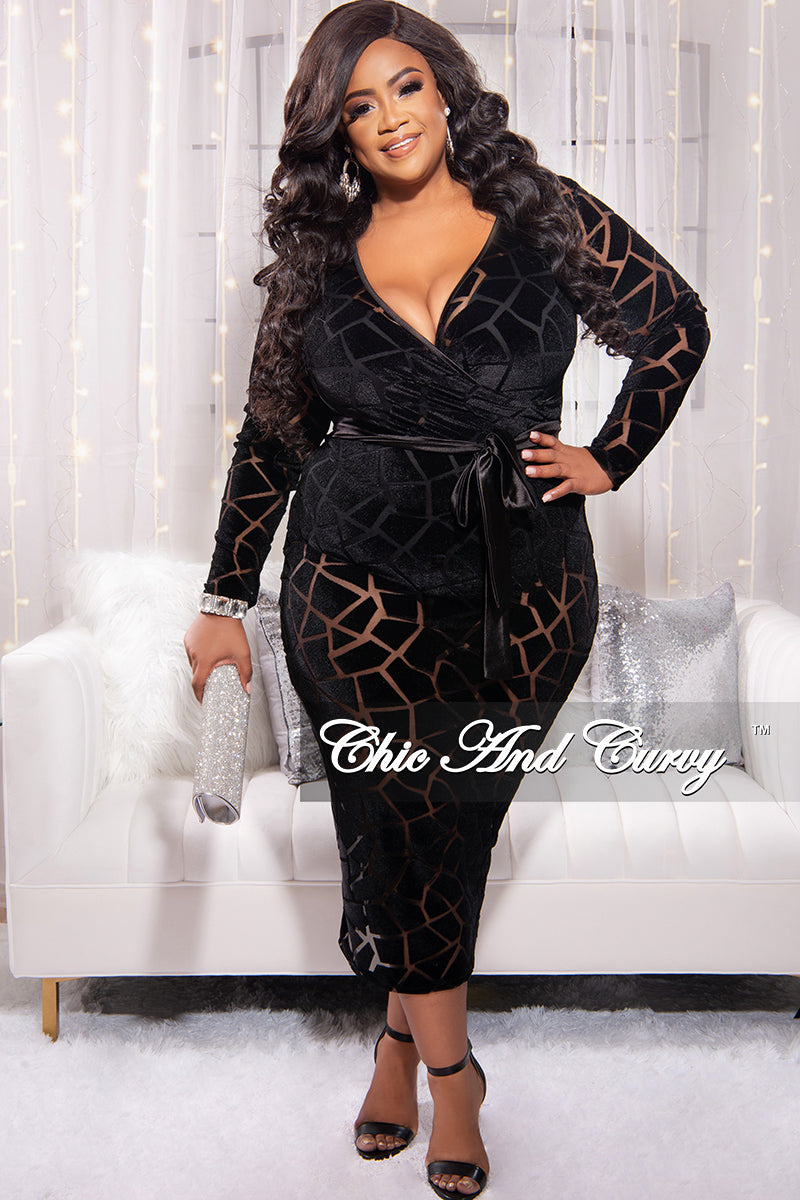 Final Sale Plus Size Sheer Long Sleeve Faux Wrap BodyCon with Waist Tie and Back Slit in Black