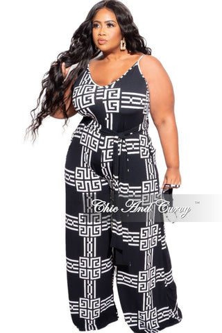 New Plus Size Spaghetti Strap Belted Jumpsuit in Black & White