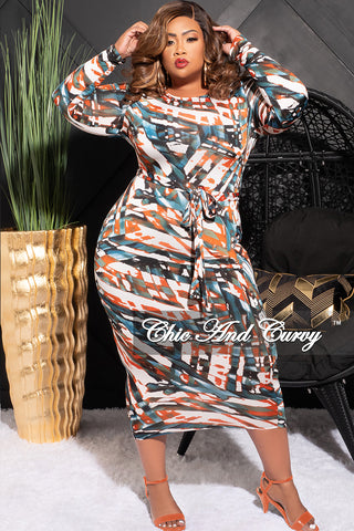 Final Sale Plus Size Midi BodyCon Dress with Waist in Multi Color Print