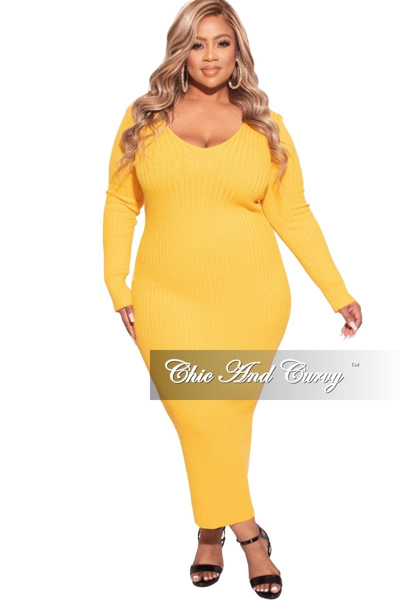 Final Sale Plus Size BodyCon Ribbed Knit Dress in Gold Yellow
