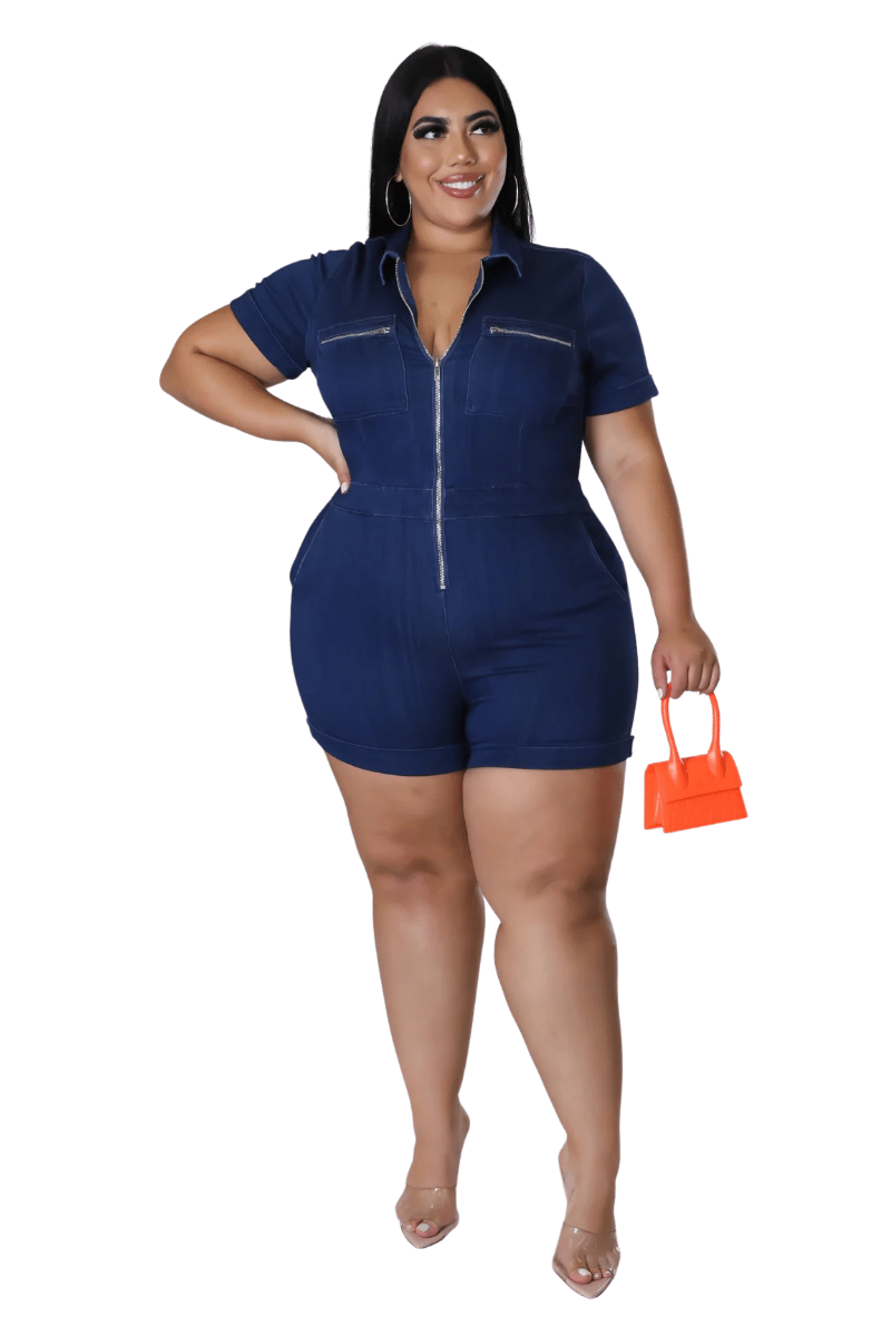 Final Sale Plus Size Short Sleeve Dark Denim Zip Up Romper Chic