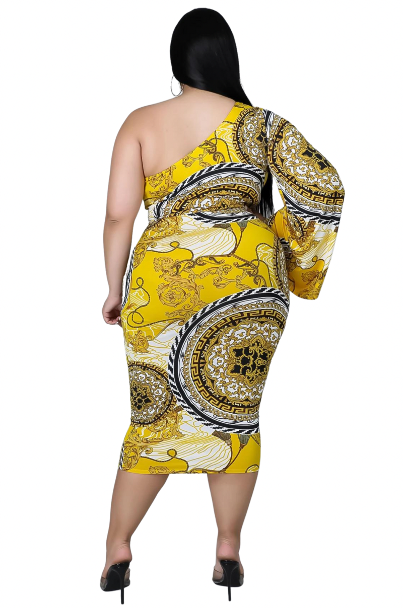 Final Sale Plus Size One Bell Sleeve BodyCon Dress in Yellow & Black Chain Print