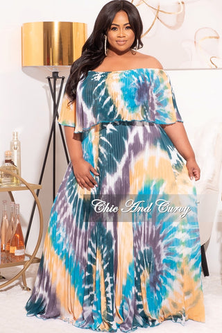 Final Sale Plus Size Off The Shoulder Maxi Dress in Teal/Mustard Multi Tie Dye
