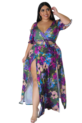 Final Sale Plus Size 2pc Faux Wrap Crop Tie Top And Double Slit Skirt Set in Purple Multi Floral Print