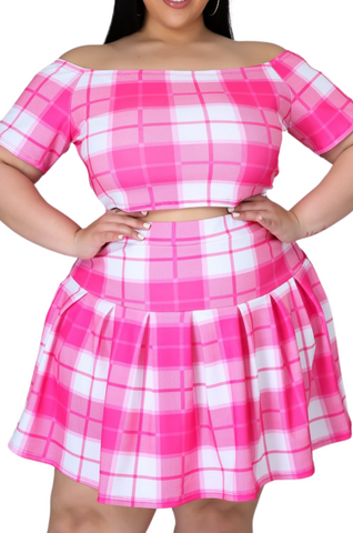 Final Sale Plus Size 2pc Set Skirt & Top in Pink Plaid