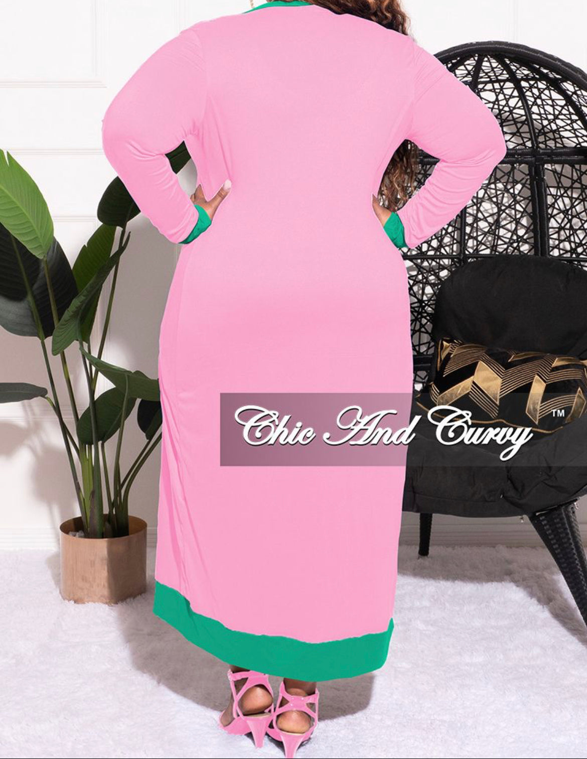 Final Sale Plus Size 2pc Set Duster & Tank Tie Dress in Pink & Green