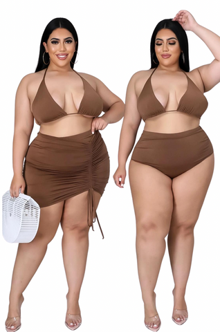 Final Sale Plus Size 3pc Set Bikini Top, Briefs & Ruched Skirt in Brown Summer