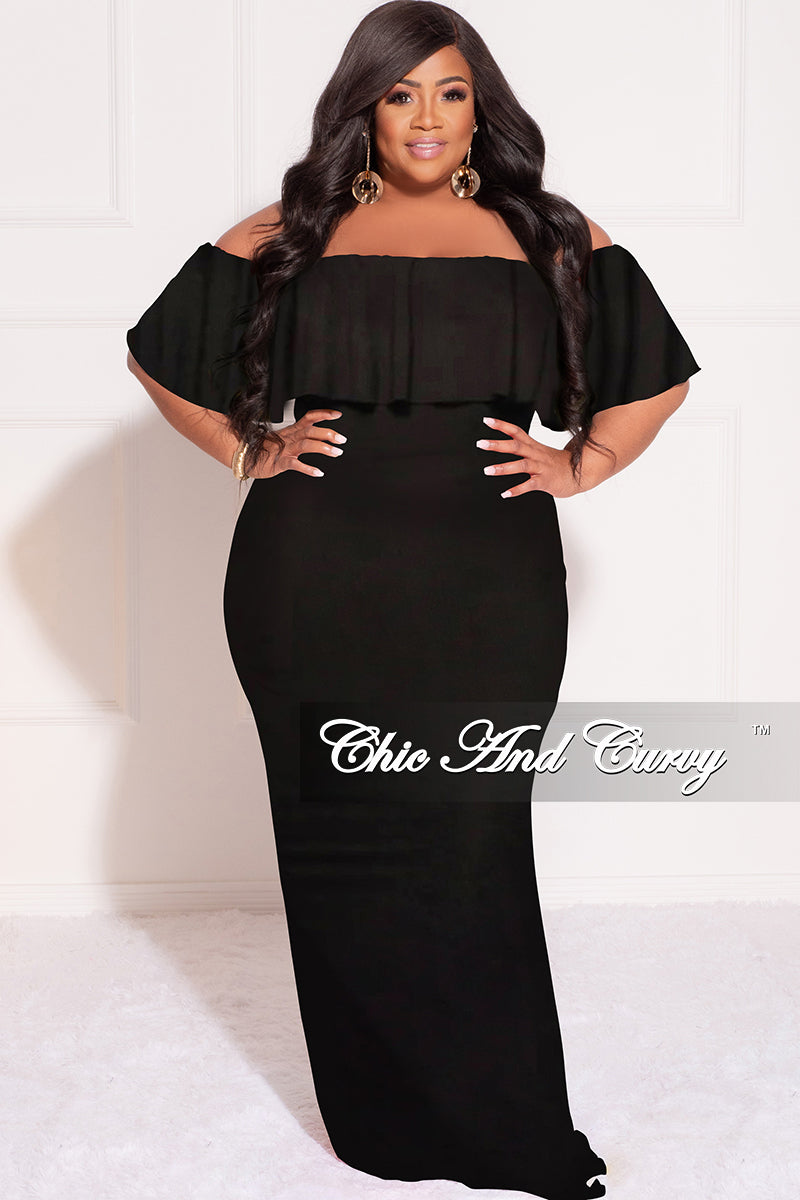 Final Sale Plus Size Off the Shoulder Ruffle Overlay Maxi Gown in Black Final Sale Plus Size Off the Shoulder Ruffle Overlay Maxi Gown in Black