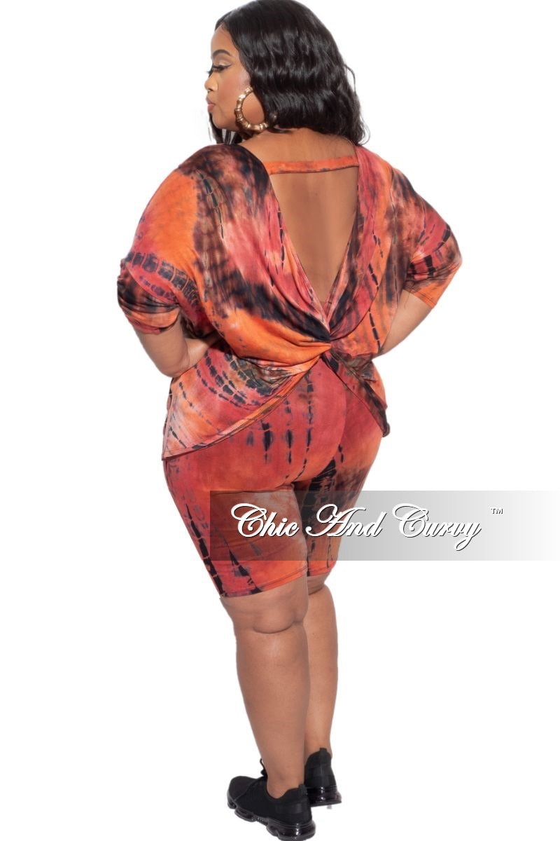 Final Sale Plus Size 2-Piece (Oversize Top & Bermuda Short) Set in Red, Orange, & Brown Tie Dye Print