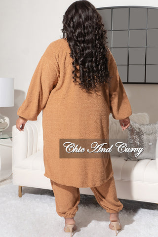 Final Sale Plus Size 3pc Fleece Cardigan, Crop Tank Top and Pants Set in Camel