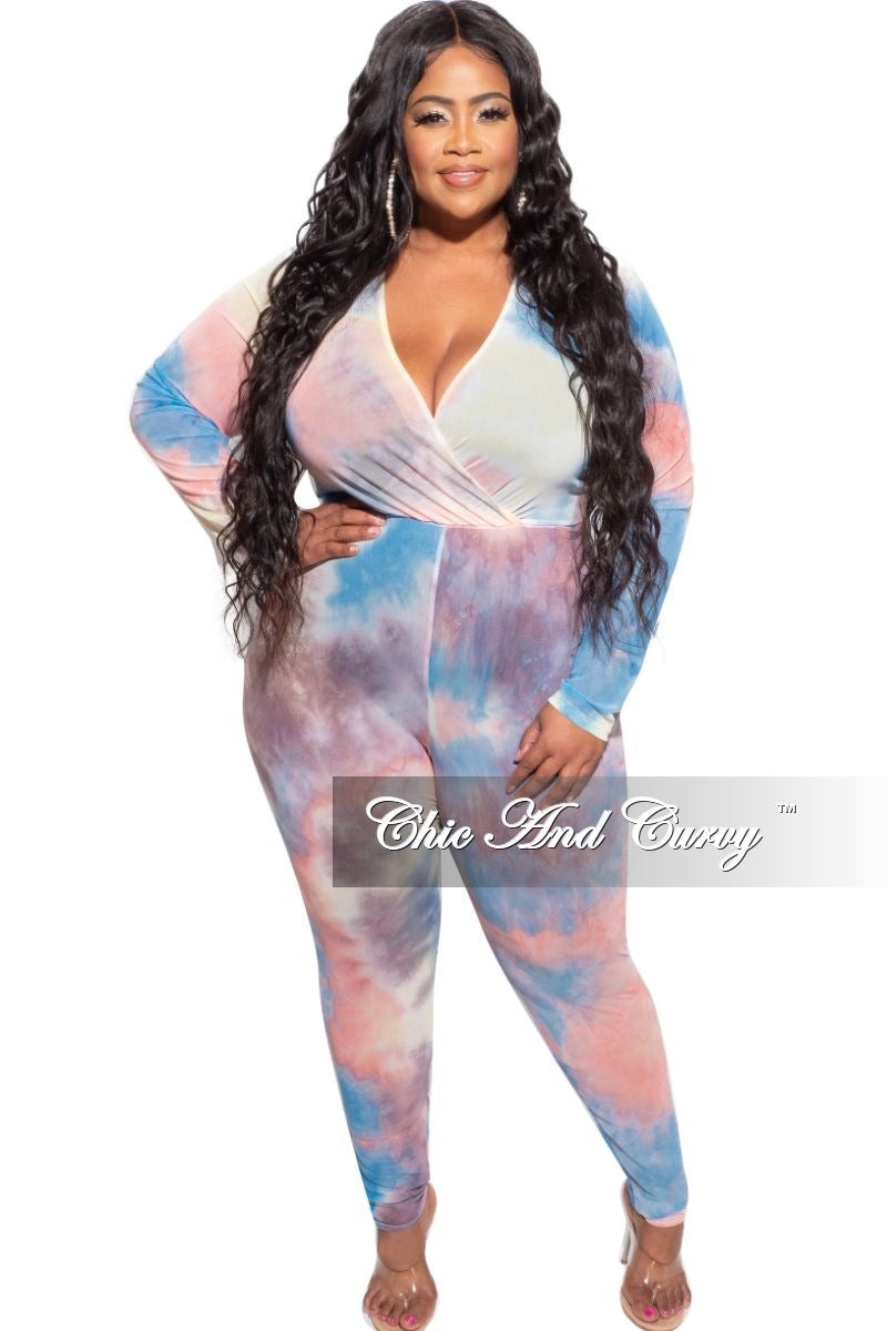 Final Sale Plus Size Faux Wrap Mesh Jumpsuit in Pink, Yellow and Blue Tie Dye