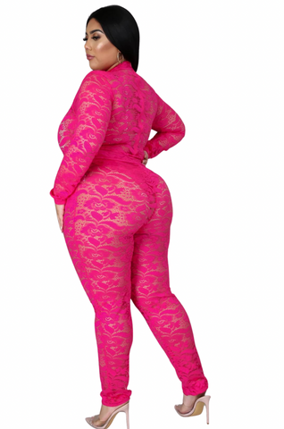 Final Sale Plus Size 2pc Lace Bodysuit & Pants in Fuchsia