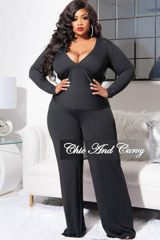 Final Sale Plus Size Ribbed 2pc Set with Peplum Front and Crop Back Top & Pants in Black