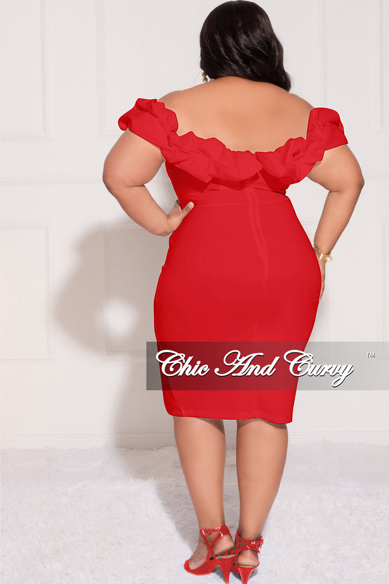 Final Sale Plus Size Off the Shoulder Ruffle BodyCon Dress with Side Slit in Red