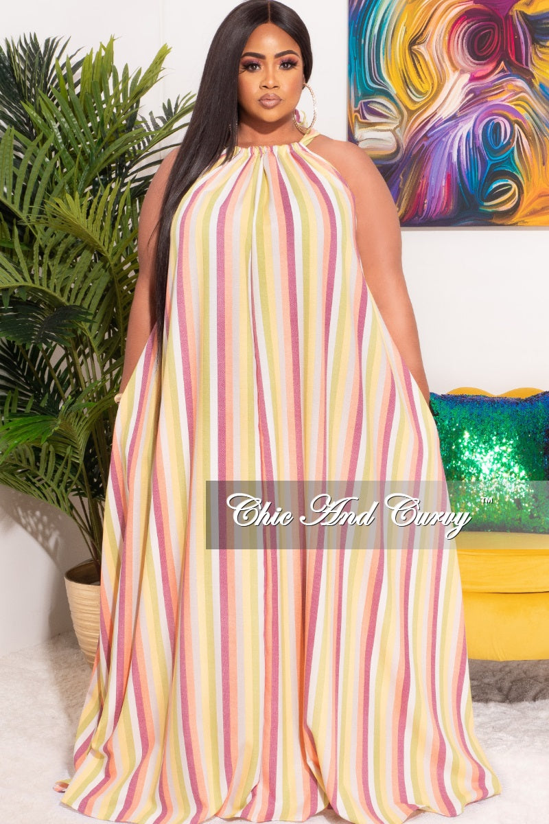 Final Sale Plus Size Long Halter Dress with Back Tie in Multi-Color Stripes