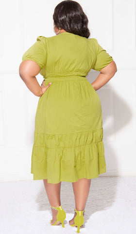 Final Sale Plus Size Faux Wrap Dress with Ruched Sleeves In Kiwi