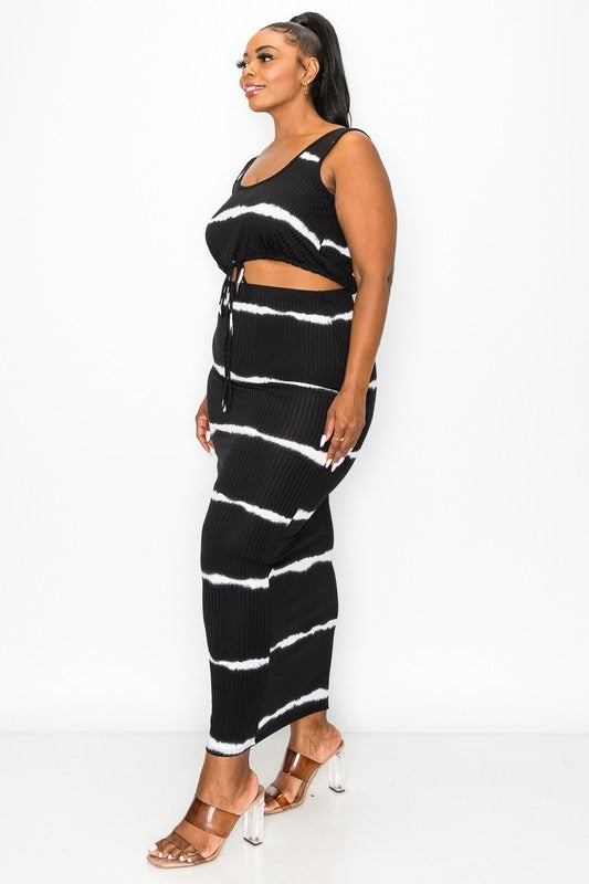 Final Sale Plus Size Ribbed 2pc Crop Drawstring Top and Pencil Skirt in Black and White