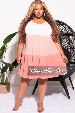 Final Sale Plus Size Flounce Sleeve Tiered Dress in White Salmon and Coral