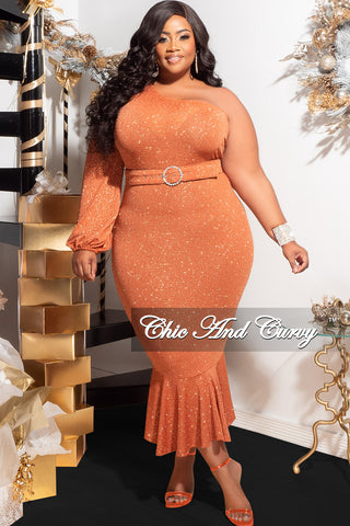 Final Sale Plus Size Shimmer One Shoulder Midi Dress with Bottom Ruffle in Rust