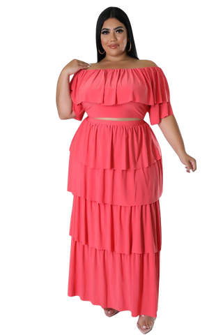 Final Sale Plus Size 2pc Ruffle Tiered Off the Shoulder Crop Top Maxi Skirt Set in Coral