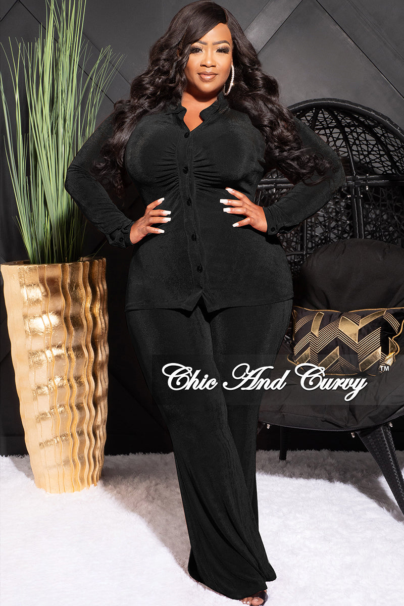 Final Sale Plus Size 2pc Slinky Button Up Collar Top and Pants Set in Black