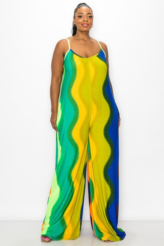 Final Sale Plus Size Spaghetti Straps Jumpsuit in Yellow, Orange, Royal Blue and Green