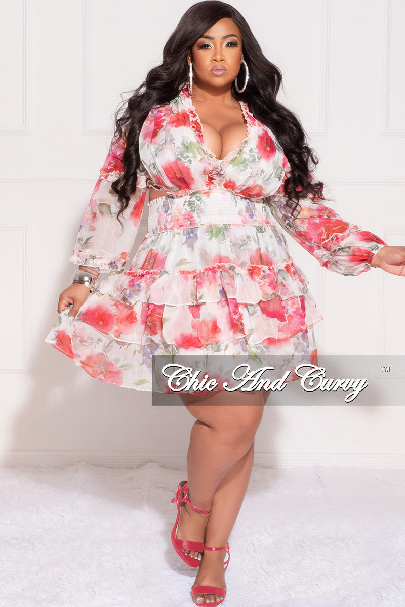 Final Sale Plus Size Chiffon Babydoll Dress in Pink Floral Print with Open Back