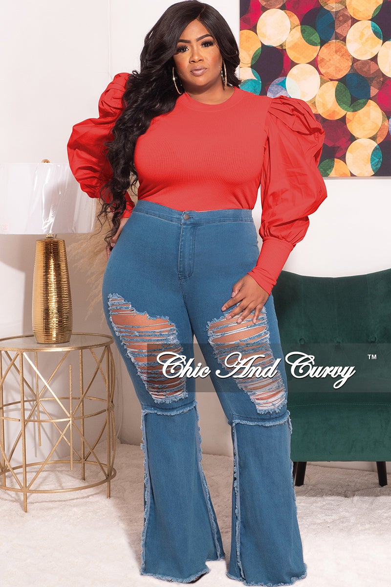 Final Sale Plus Size Ribbed Ruffled Peasant Sleeves Top in Red