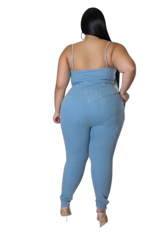Final Sale Plus Size 2pc Spaghetti Strap Top and Pants in Blue & Grey Faux Denim & Jersey Fabric