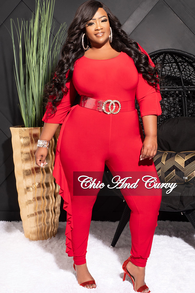 Final Sale Plus Size Jumpsuit with Ruffle Trim in Red