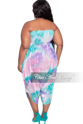 Final Sale Plus Size Strapless Smocked Harem Jumpsuit in Aqua Purple Pastel Tie Dye