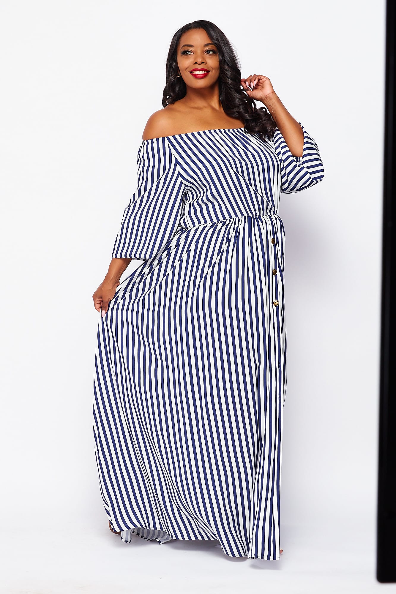 Final Sale Plus Size Off the Shoulder Maxi Dress with Button Up Bottom in Thick White & Navy Blue Stripe Print