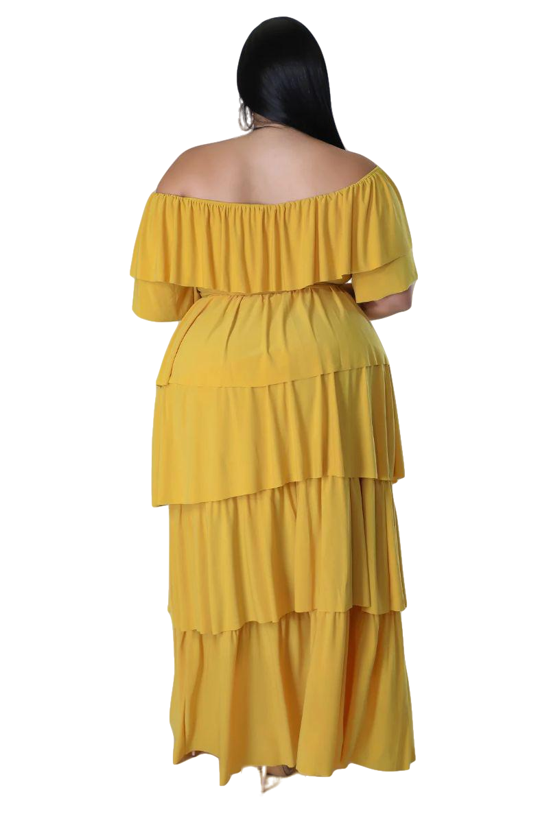 Final Sale Plus Size 2pc Ruffle Tiered Off the Shoulder Crop Top Maxi Skirt Set in Mustard