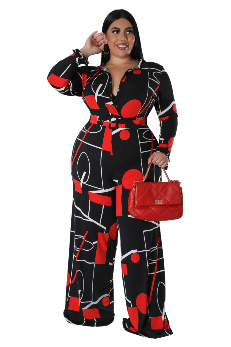 Final Sale Plus Size Collar Faux Wrap Jumpsuit with Waist Tie in Black, Red, & White Print
