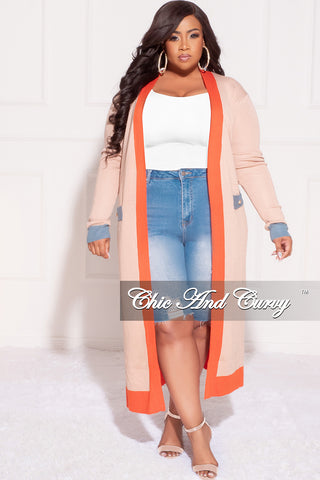 Final Sale Plus Size Sweater Duster with Tie in Tan Orange & Baby Blue
