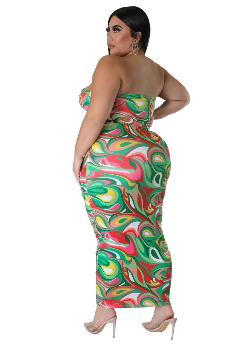 Final Sale Plus Size 2pc Tube Top and Ruffle Skirt Set in Green Multi Color Print