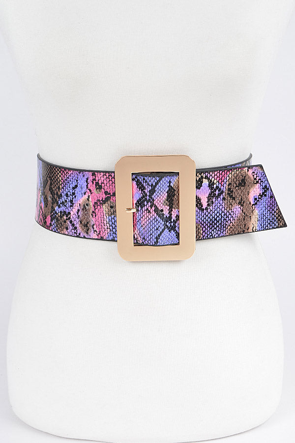 Final Sale Plus Size Snake Print Belt with Gold Buckle in Pink, Purple & Black