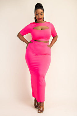 Final Sale Plus Size 2pc Set Crop Top & Skirt with Cut Outs in Neon Pink Summer