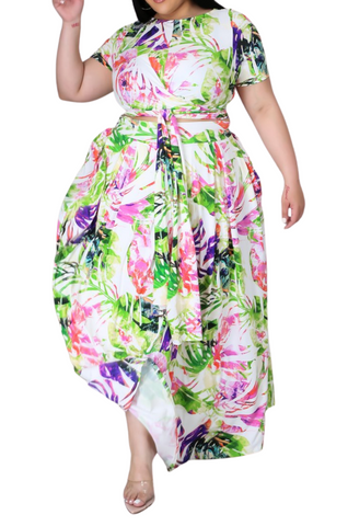 Final Sale Size 2pc Tie Top Maxi Skirt Set in Lime Palm Print