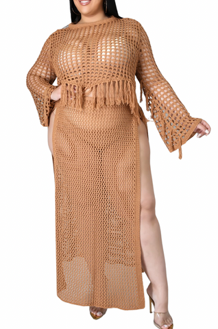 Final Sale Plus Size 2pc Crochet Set Crop Top & Skirt in Mocha