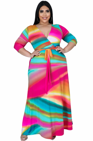Final Sale Plus Size Faux Wrap Dress in Fuchsia Abstract Print