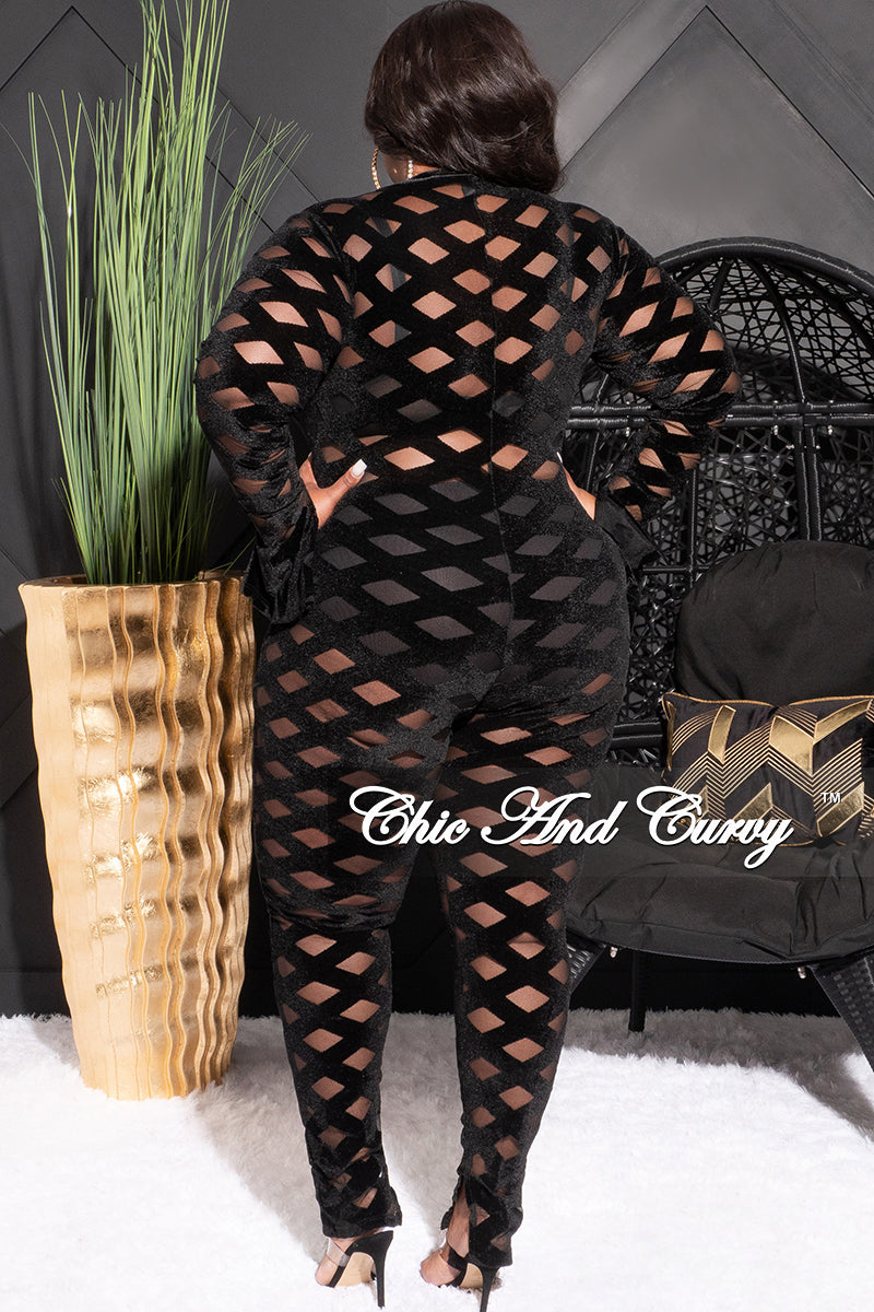 Final Sale Plus Size Sheer Zip-Up Bodycon Jumpsuit in Trellis Design in Black